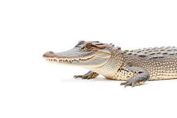 Fototapeta premium Close-up of a crocodile on a white background, showcasing its detailed scales and facial features