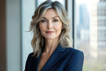 Confident mature woman in a blue blazer, posed against a bright window.