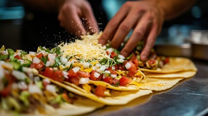 Hands assembling tacos with fresh ingredients and cheese.