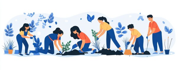 Diverse group planting trees together outdoors for earth conservation