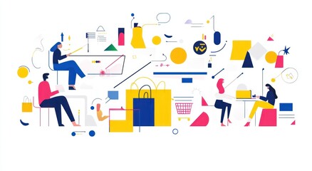 A vibrant illustration depicting shopping and leisure activities in a modern style.