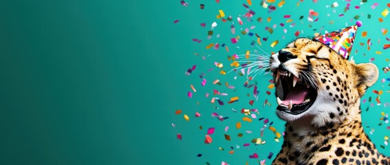 A cheerful leopard wearing a party hat amidst colorful confetti.