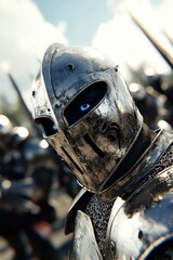 Fototapeta premium Medieval knight in armor staring with intensity on battlefield