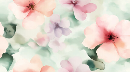 A seamless pattern of abstract watercolor flowers in soft pastel hues of blush pink, lilac, and mint green, creating a dreamy floral composition