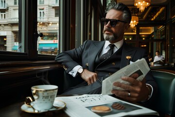 businessman sitting on the table in cafe with newspaper, sigara