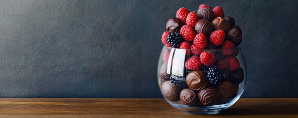 Glass bowl with assorted chocolates and fresh berries on wooden surface