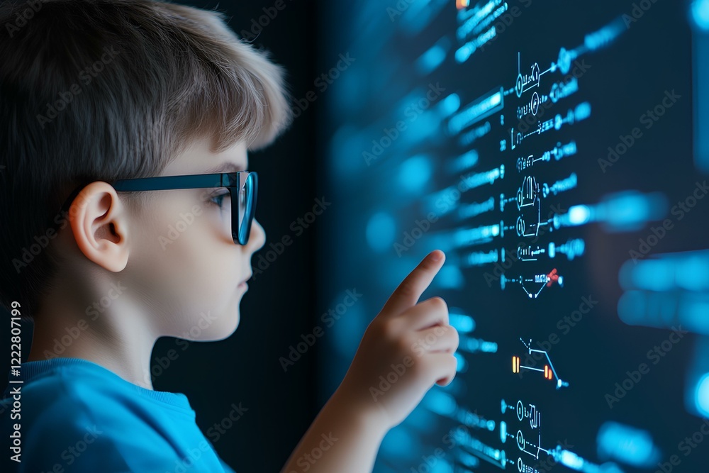 Poster child analyzing data with ai programs on a futuristic interface, space for text.