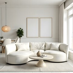 A modern living room featuring a curved, light-colored sofa with a cushion, positioned in front of a round coffee table. The table holds a decorative item and a small branch.