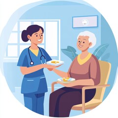 Fototapeta premium Asian female nurse assisting elderly caucasian woman with medicine in hospital room