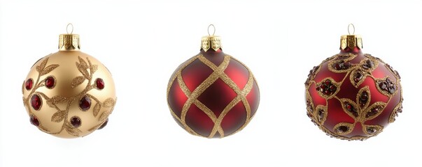 Elegant red and gold christmas ornaments with intricate designs on white background