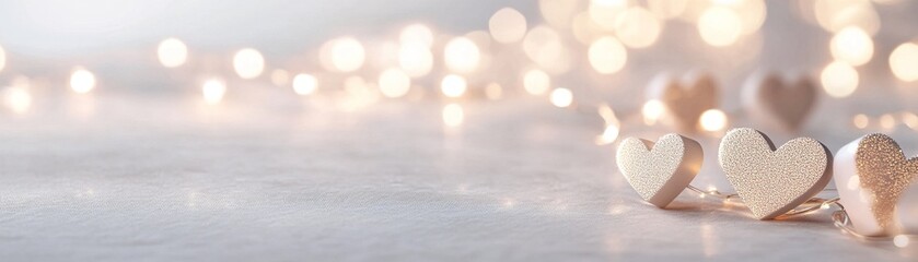 Obraz premium Softly illuminated pathway with golden lights and heart-shaped symbols creates a calming atmosphere on a gentle gradient background, perfect for conveying emotions of love and warmth