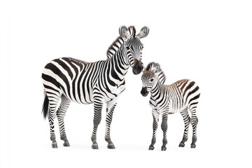 Fototapeta premium A mother zebra and her young foal stand together in a bright, minimalistic setting, symbolizing family bonds