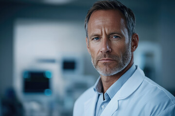 A serious-looking male doctor in a lab coat, portrays professionalism and expertise in a medical setting.