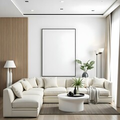 A modern living room featuring a light-colored sectional sofa with plush cushions, a round ottoman in the center, and a framed canvas on the wall.