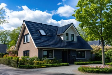 Naklejka premium A contemporary two-story home beautifully nestled amidst vibrant greenery, basking in the warmth of a sunny day under a clear blue sky adorned with fluffy white clouds