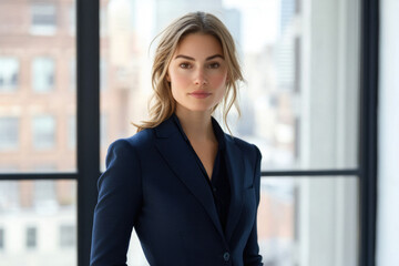 Confident businesswoman in a navy blue blazer, standing near a large window in a modern office.