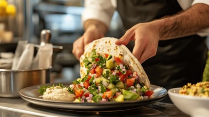 A chef assembling a fresh salad in a pita, showcasing vibrant ingredients.
