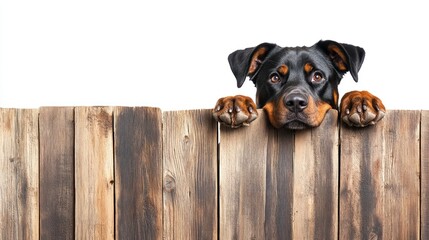 Fototapeta premium Curious Rottweiler puppy peeking over a rustic wooden fence against a white background.