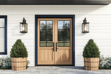 Fototapeta premium Front entrance of a modern house featuring wooden double doors, lanterns, and decorative planters in a serene outdoor setting during daylight hours