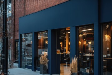 Modern hair salon with elegant design and inviting exterior located in an urban setting showcasing contemporary aesthetics and a welcoming atmosphere