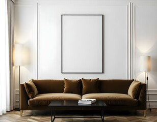 A modern living room featuring a brown sofa with light-colored cushions, positioned in front of a dark coffee table. The wall behind has a large empty frame centered on it.