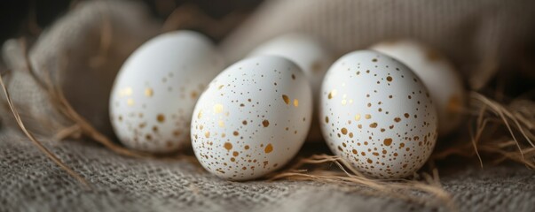 Obraz premium Elegant white and gold speckled easter eggs on rustic fabric background