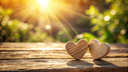 Wooden Hearts on Rustic Table with Sunlight, nature-inspired, natural beauty