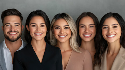 A diverse group of smiling professionals showcasing teamwork and collaboration in a dynamic business environment, promoting success and growth.