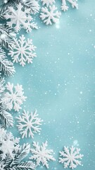 Festive Winter Background Sparkling Snowflakes and Snowy Branches on Teal