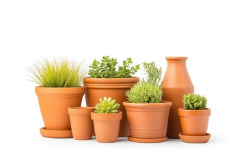Fototapeta premium A collection of terracotta pots filled with various succulents and grasses arranged on a white background