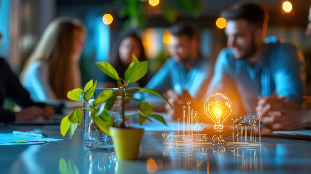 A group of professionals collaborates in a modern setting, with a plant in focus and an illuminated lightbulb graphic symbolizing creativity and ideas.