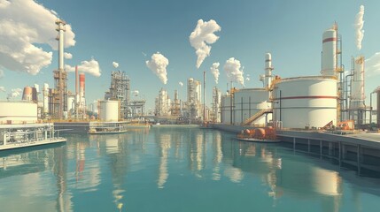 Naklejka premium Industrial Refinery Complex Beside Calm Water