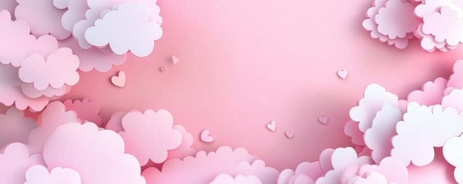 Pink cloudy background with floating hearts for romantic themes