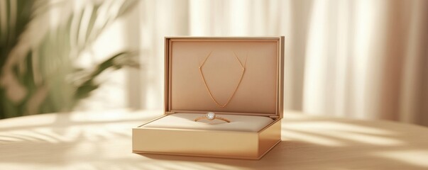 Elegant gold necklace and diamond ring in luxurious box on sunlit table