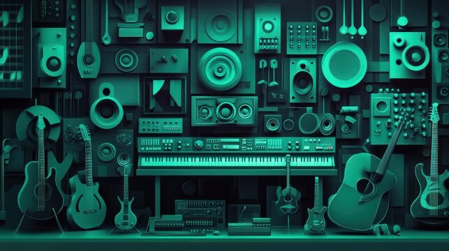 A vibrant collection of musical instruments and equipment in a modern, artistic arrangement.