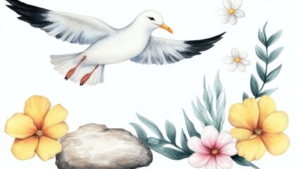 Obraz premium A graceful seagull in flight surrounded by vibrant flowers and greenery against a soft background