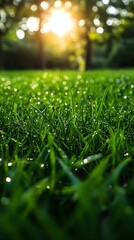 Naklejka premium A background of fresh green grass covered in morning dew.