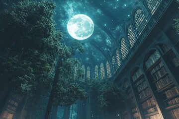 Obraz premium Ethereal Library Under Moonlight with Starry Sky and Trees