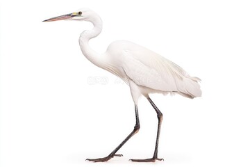 Fototapeta premium A graceful great egret stands elegantly on one leg against a white background, showcasing its beauty