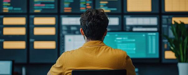A focused individual monitors multiple screens displaying data and information, indicative of a tech or analytical environment.