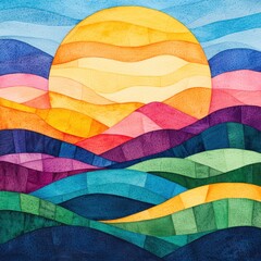 Fototapeta premium Vibrant Watercolor Sunset Landscape Abstract Hills and Sun Art Print