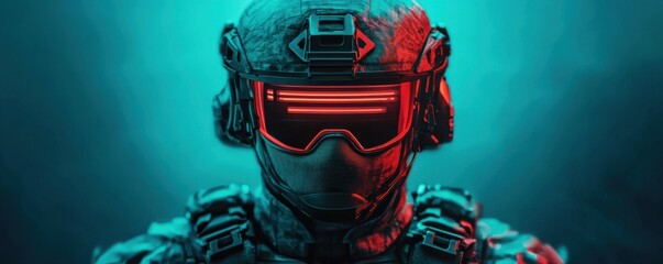 A futuristic soldier in a high-tech helmet with glowing elements, exuding a cyberpunk aesthetic and powerful presence against a moody background.