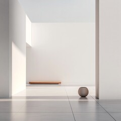 Minimalist Modern Interior Design: Empty Space with Wooden Bench and Potted Plant. A Stunning Architectural Interior Design