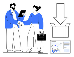 Two business professionals shaking hands, one holding a briefcase, with a downward arrow pointing to an open box and a tablet displaying data charts. Ideal for business agreements, partnerships, data