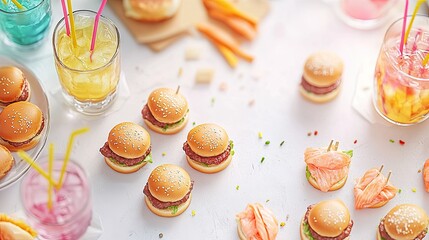 Miniature burgers, drinks, & snacks party spread.  Perfect for blog, recipe, or event promotion