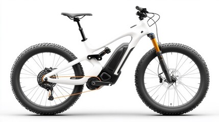 Fototapeta premium White electric mountain bike with fat tires and advanced suspension on a white background. Generative AI