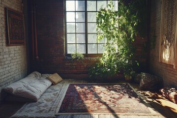 Cozy Interior with Natural Light and Green Plants in a Relaxed Space