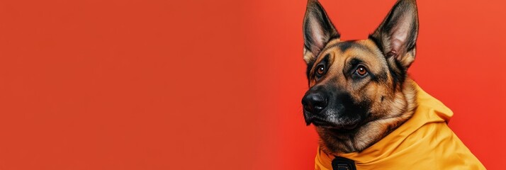 Obraz premium A dog wearing a yellow raincoat against a vibrant red background.