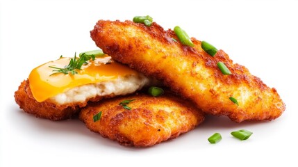 Delicious crispy schnitzels with cheese and herbs on white background. Generative AI