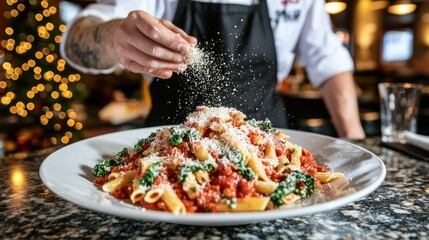 A chef sprinkles cheese over a plate of pasta, enhancing its presentation and flavor.